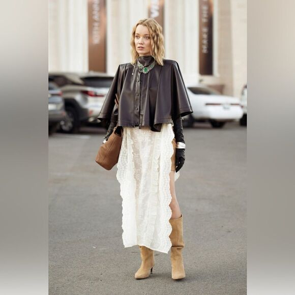 Moto Boho Style. Black Leather Jacket with White Lace Skirt - Picture 2 of 16